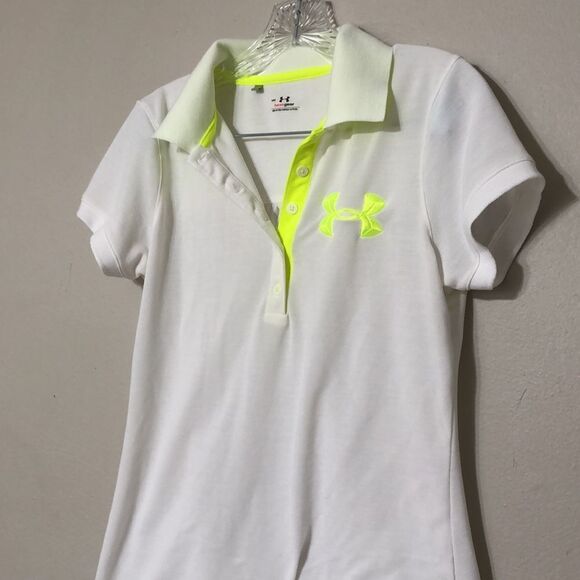 Under Armour Women’s M Medium White and Neon Green Heat Gear SPF 30 Fitted Polo - Picture 2 of 5